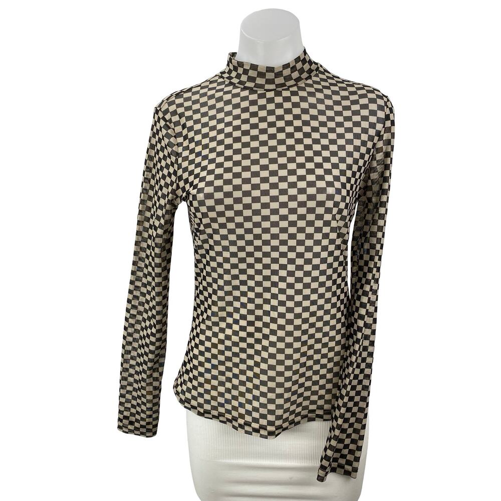 Things I Like Things I Love Beige Checkered Long Sleeve Mock Neck Blouse Top S